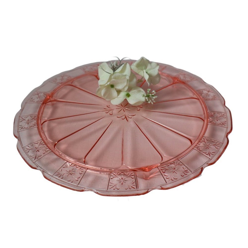 Pink Doric Depression Glass Cake Plate Serving Dish Jeannette 1930's